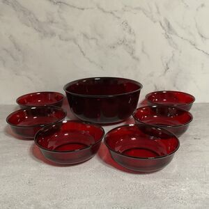 Vtg ARCOROC France Ruby Red Glass Bowls 1 Large 8.75” with 6 5.5”dessert Bowls
